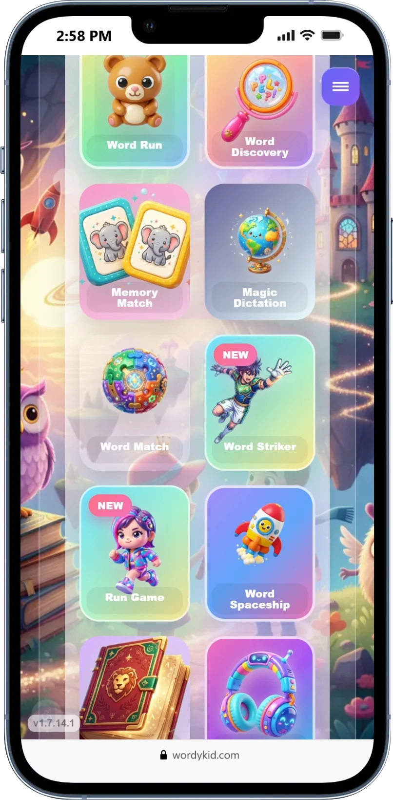 Menu WordyKid avec jeux courts et colorés pour enfants qui pratiquent l'anglais