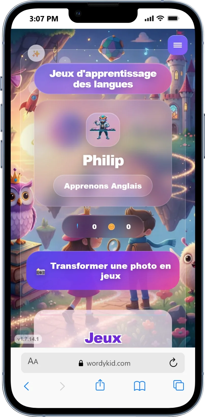 Interface WordyKid avec jeux d'anglais pour enfants, images, mots utiles et pratique courte