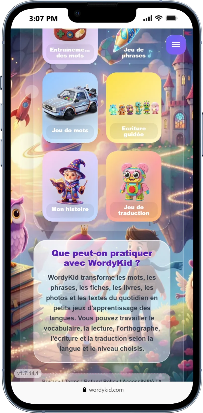 Récompenses WordyKid qui encouragent les enfants à refaire leur pratique d'anglais