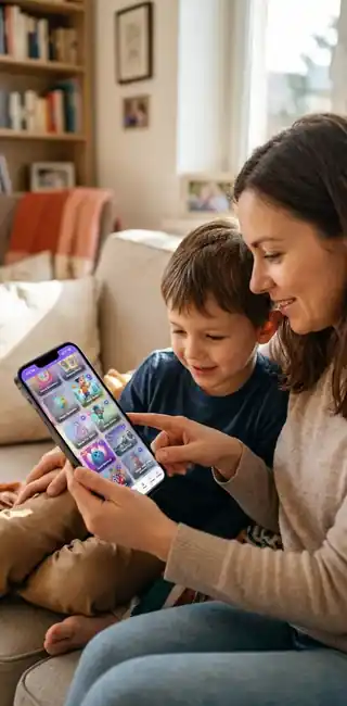 Parent and child exploring language learning games together at home