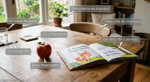 Home table with everyday objects labeled in Spanish, including a book, apple, chair, glass of water, plant, pen, and coaster
