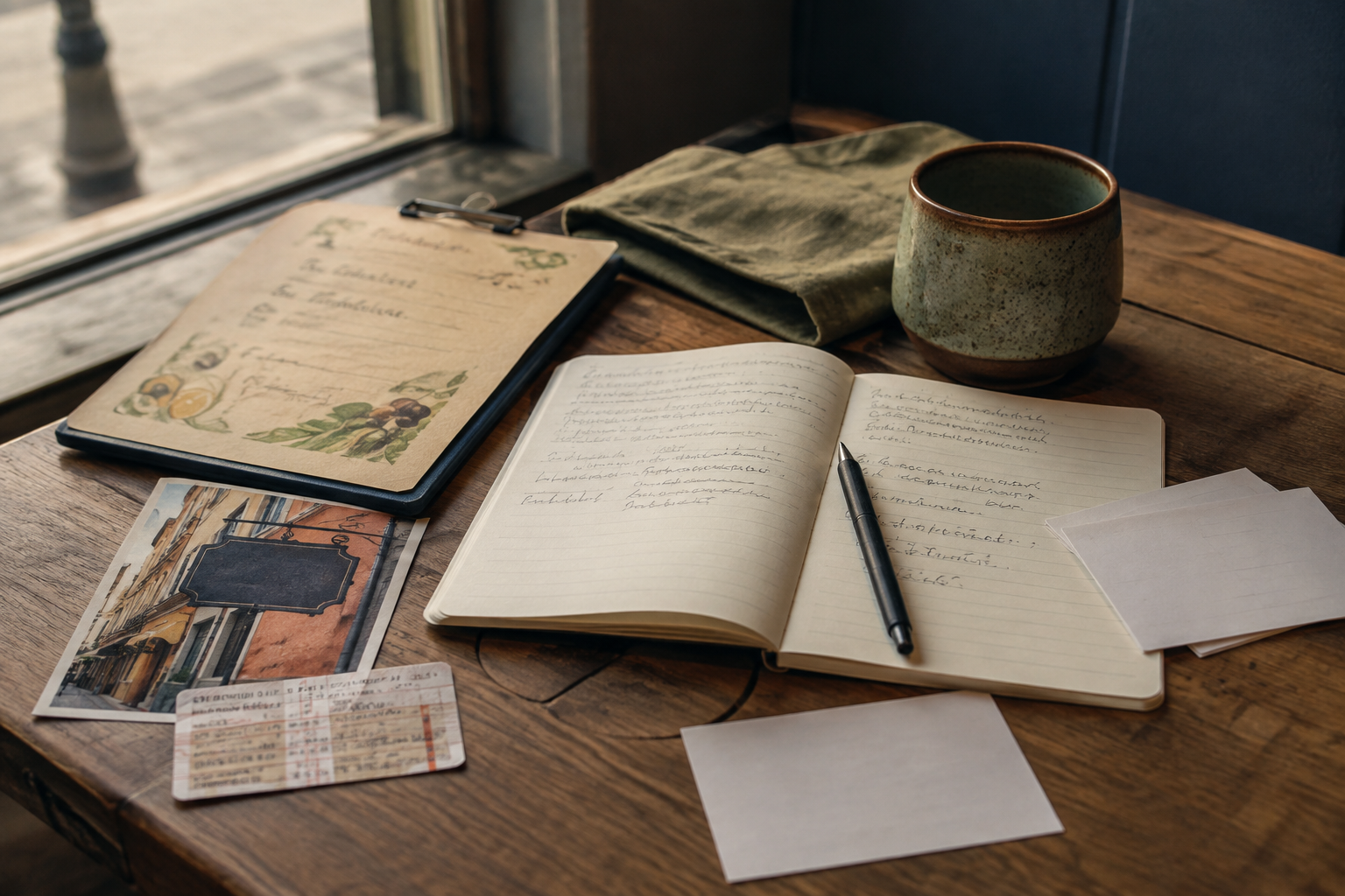 An adult Spanish learner's desk with a menu, travel notes, phone, and vocabulary notebook