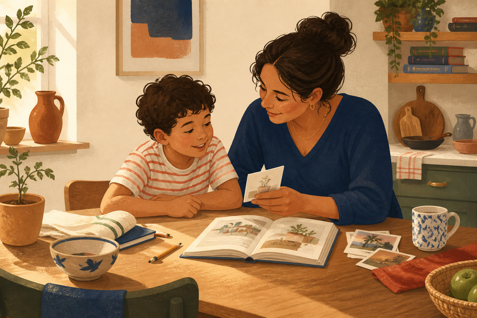 A parent and child practicing Spanish vocabulary from books, objects, and photos at a kitchen table