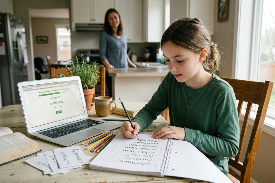 A homeschool student practicing spelling words from the current lesson