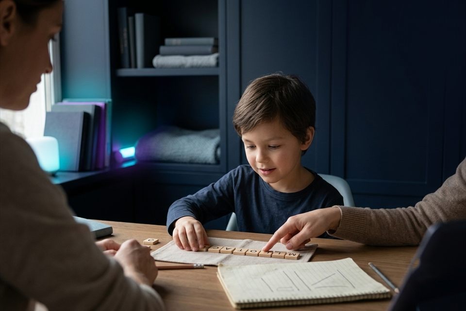 A child practicing English words with a parent at home