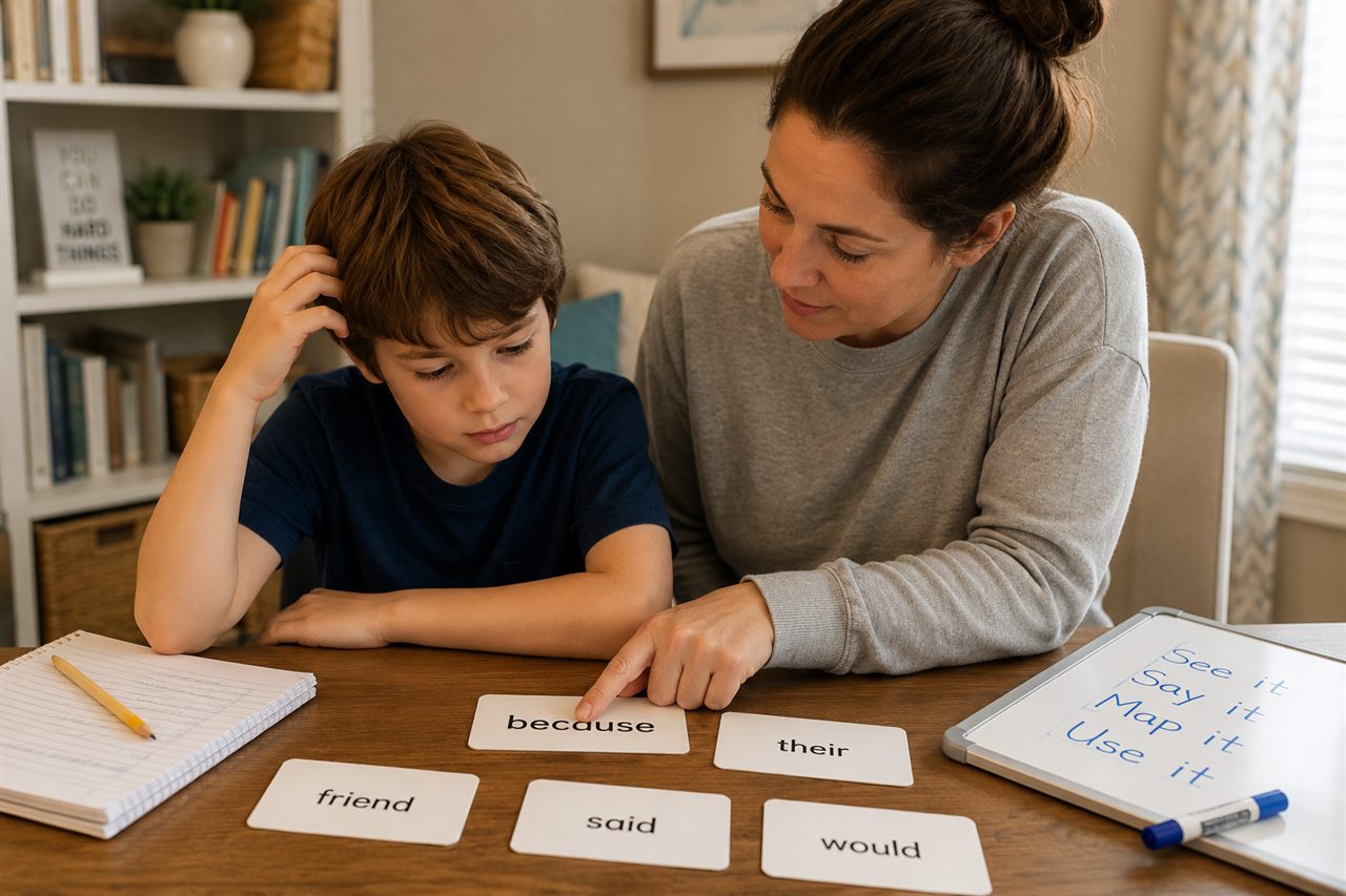 A child practicing early reading words with a parent at home