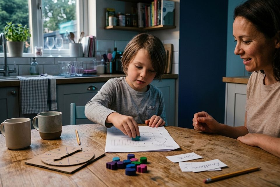 A child practicing spelling with a parent at home