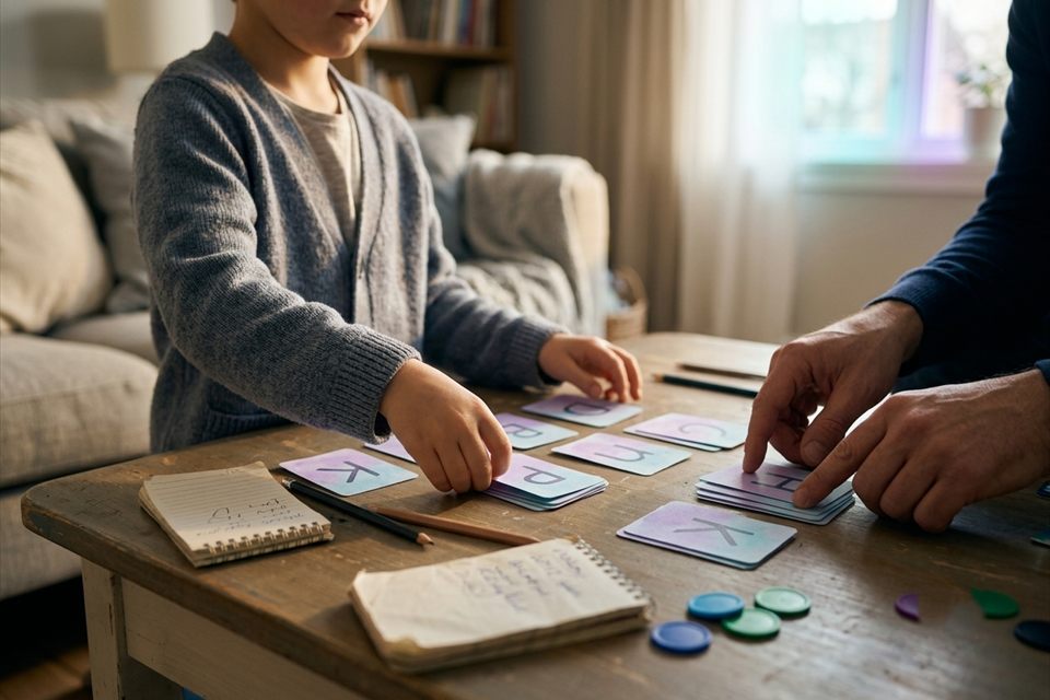 A child using word cards during vocabulary practice at home