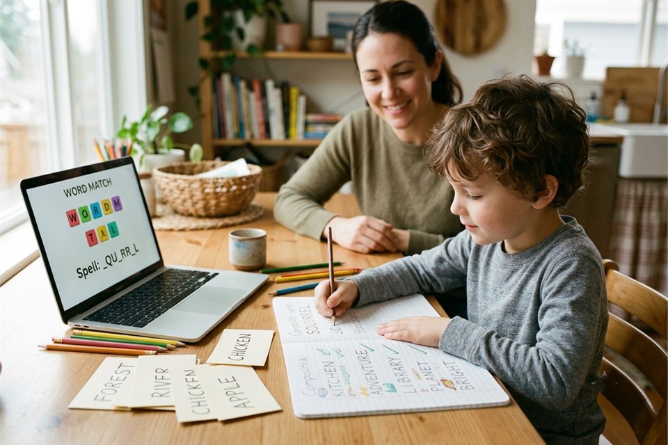 A child practicing spelling words with a parent at home