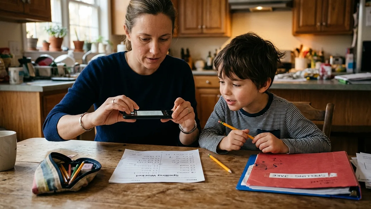 Parent photographing a child's spelling worksheet at the kitchen table