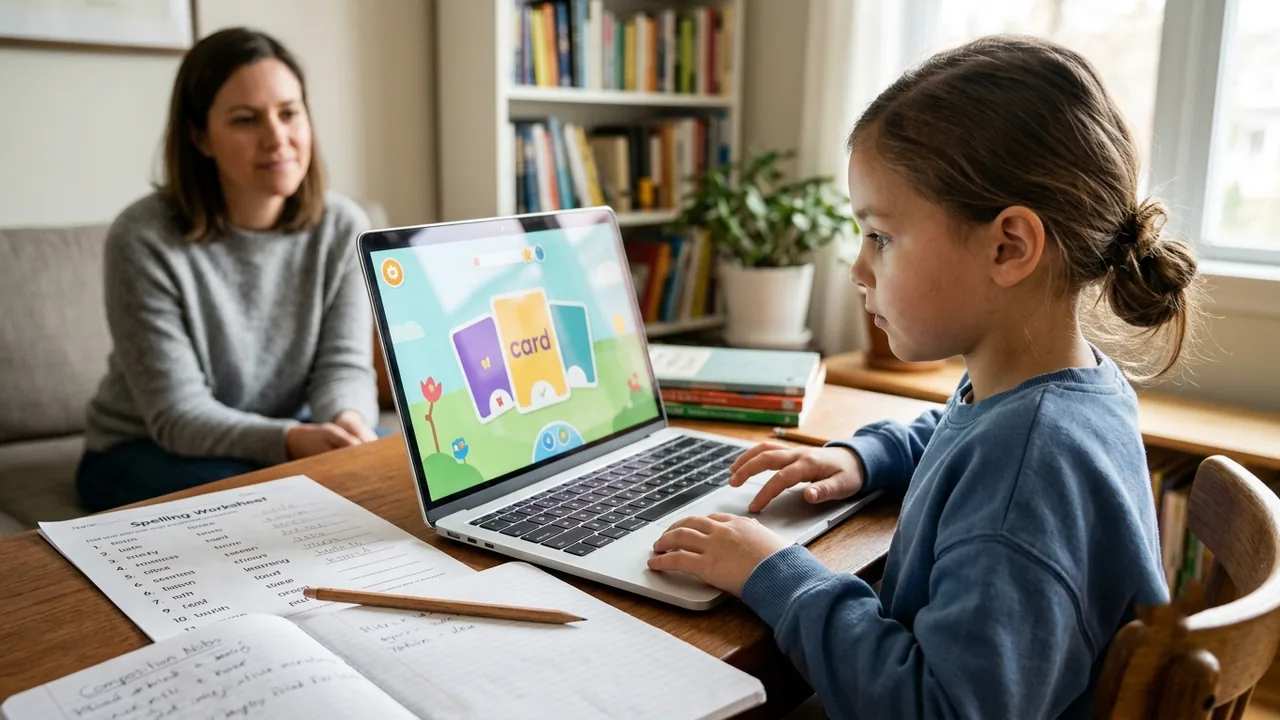 Elementary teacher using word cards and a spelling worksheet with a small group