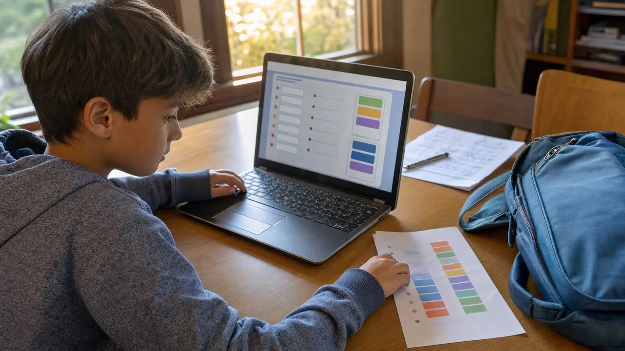 Student practicing vocabulary on a laptop with the class word list beside it