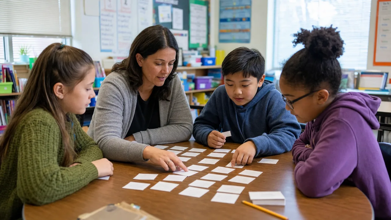 Teacher and three elementary students sorting vocabulary cards into meaning groups