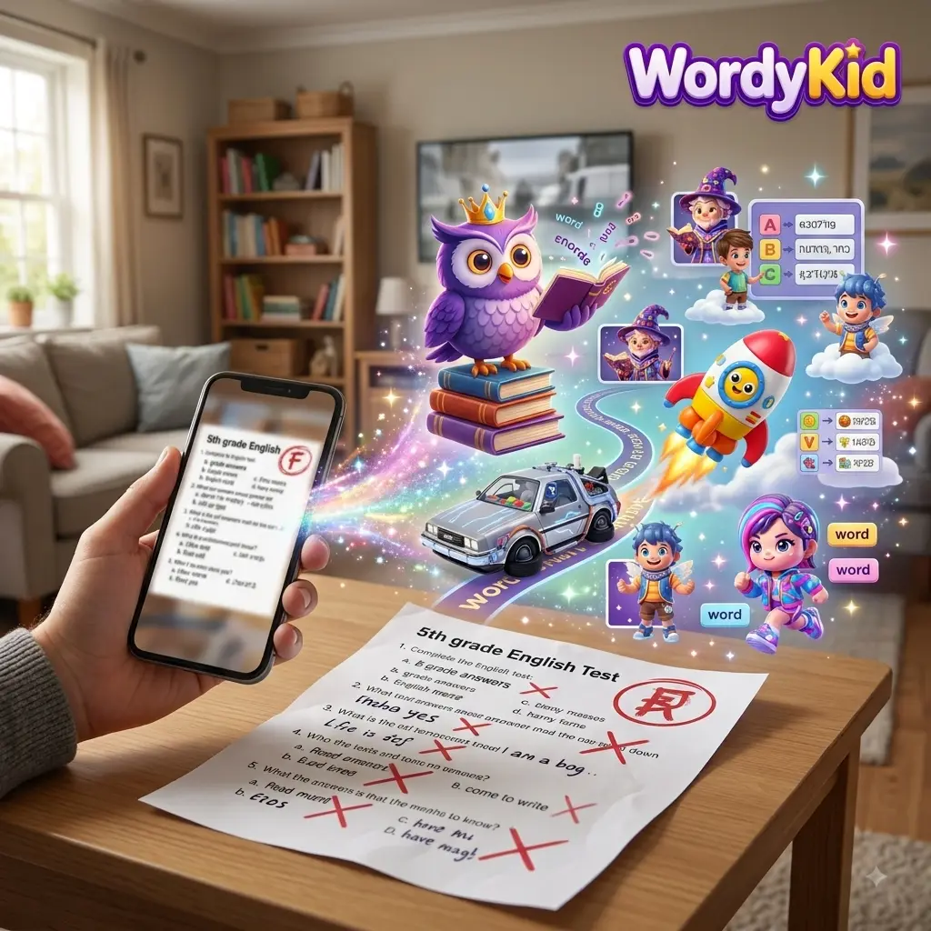 AI-generated concept illustration of a photographed worksheet opening into an imagined world of colorful learning games