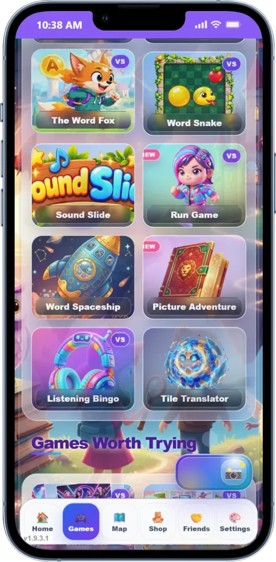 Real WordyKid game library with colorful game tiles including Word Fox and Word Snake